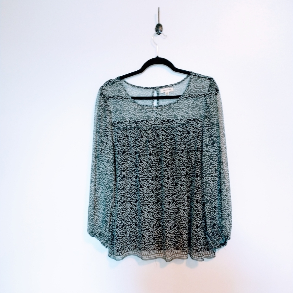 Max Studio floral print illusion neckline long sleeve top with semi sheer sleeve